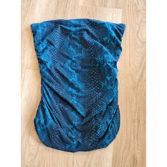ALK Women's M Express Ruched Side Strapless Tube Top Blouse Shirt Snakeskin Blue - Picture 2 of 7